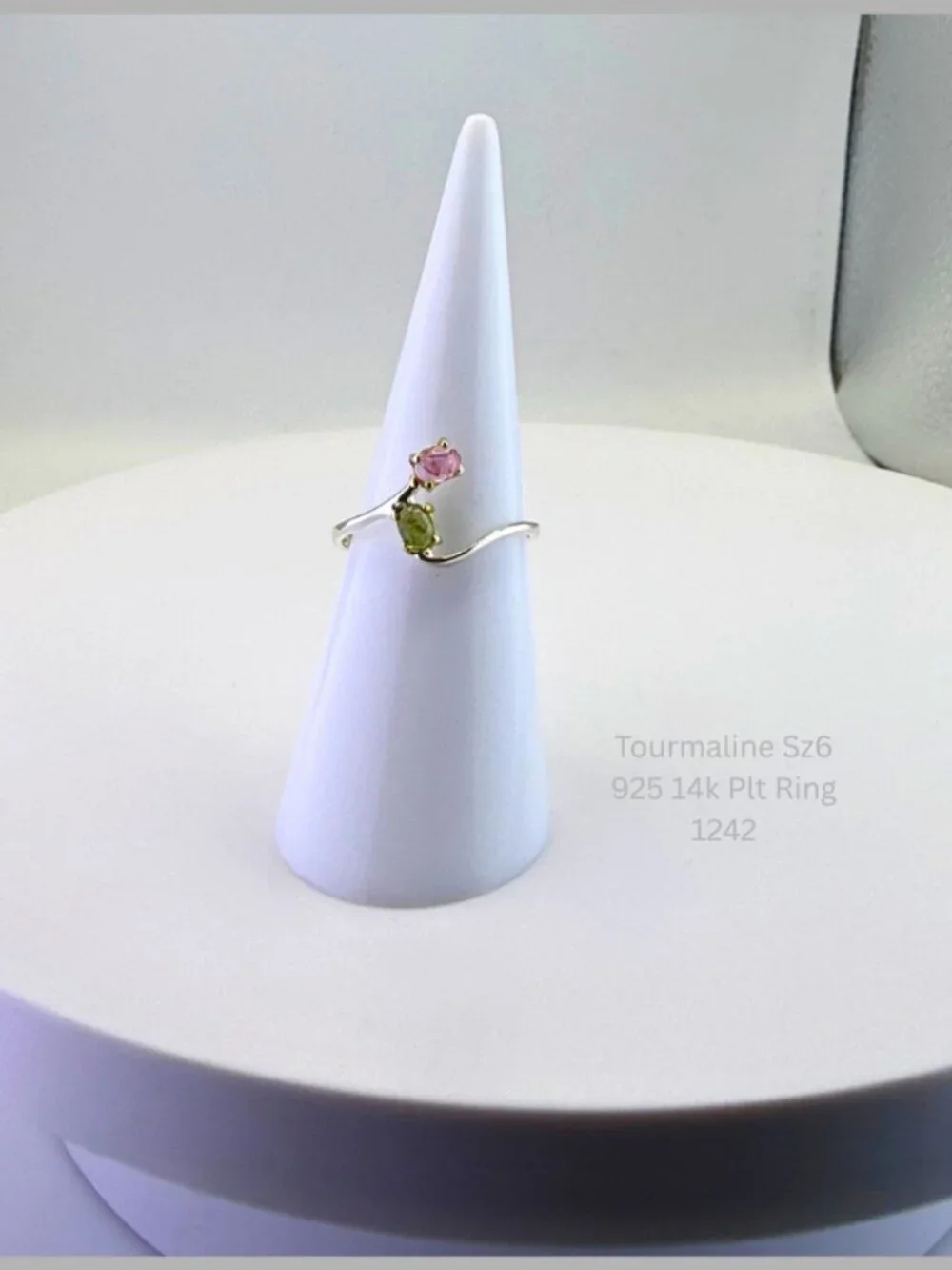 Pink & Green Tourmaline Ring 925 Sterling Silver 14K Gold Accents Size 6